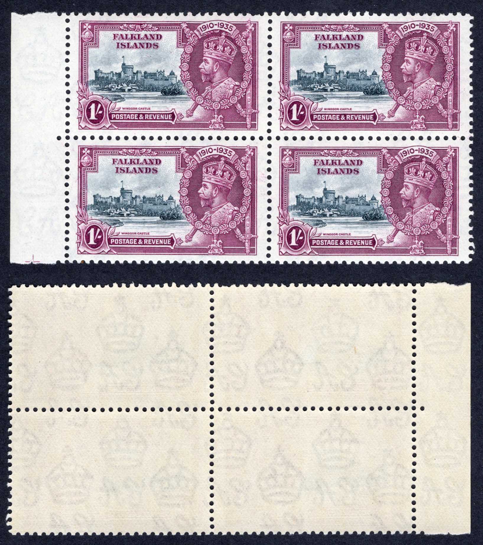 Falkland Is SG142 1935 1/- Jubilee U/M Block Cat 72++ pounds