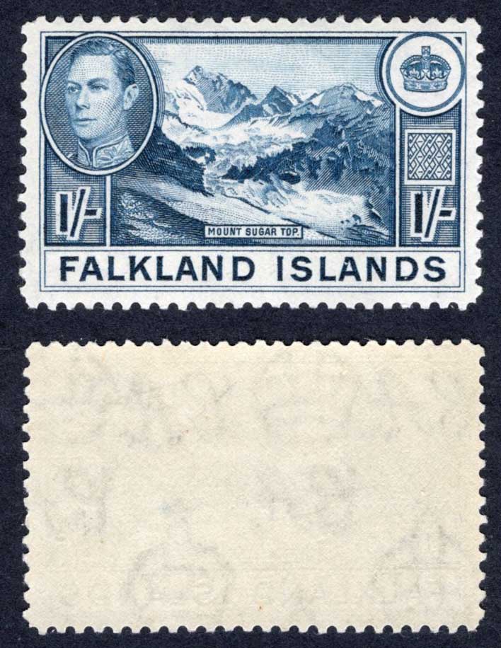 Falkland Is SG158c 1/- Deep Dull Blue (Thin paper) U/M Cat 90 pounds