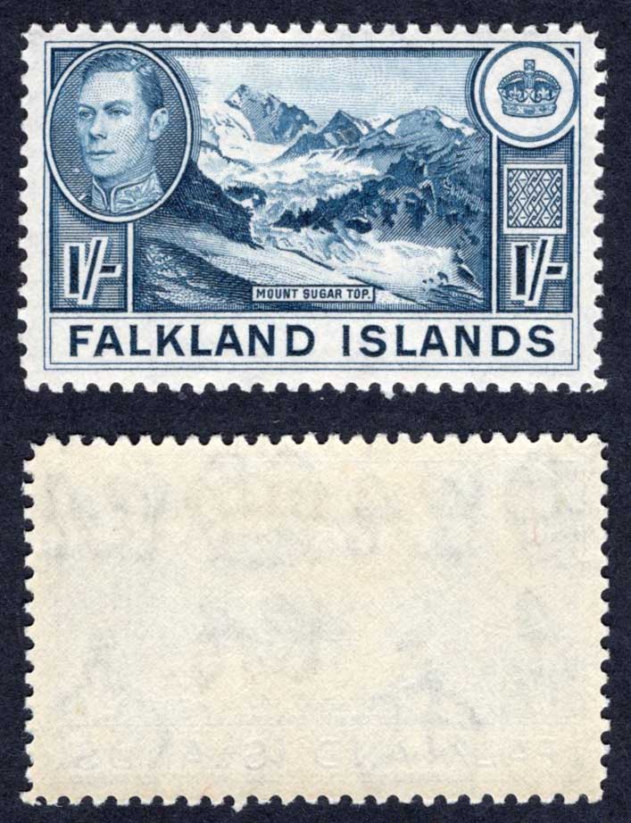 Falkland Is SG158c 1/- Deep Dull Blue (Thin paper) U/M Cat 90 pounds