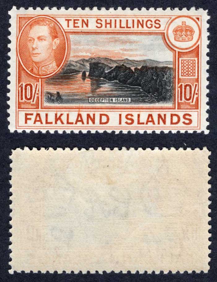Falkland Is SG162 10/- Black and Orange Brown M/M Cat 200 pounds