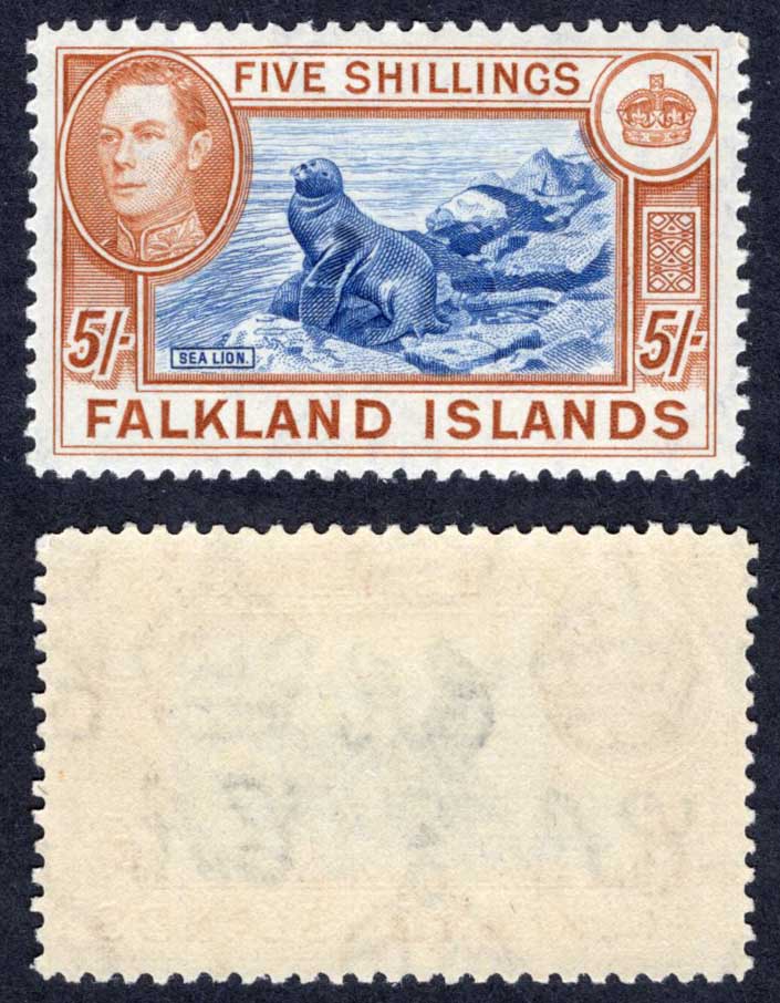Falkland Is SG161c 5/- Dull Blue and Yellow brown M/M Cat 140 pounds