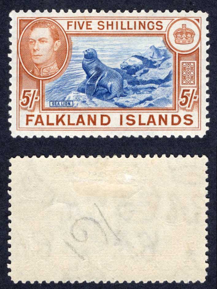Falkland Is SG161c 5/- Dull Blue and Yellow brown M/M Cat 140 pounds