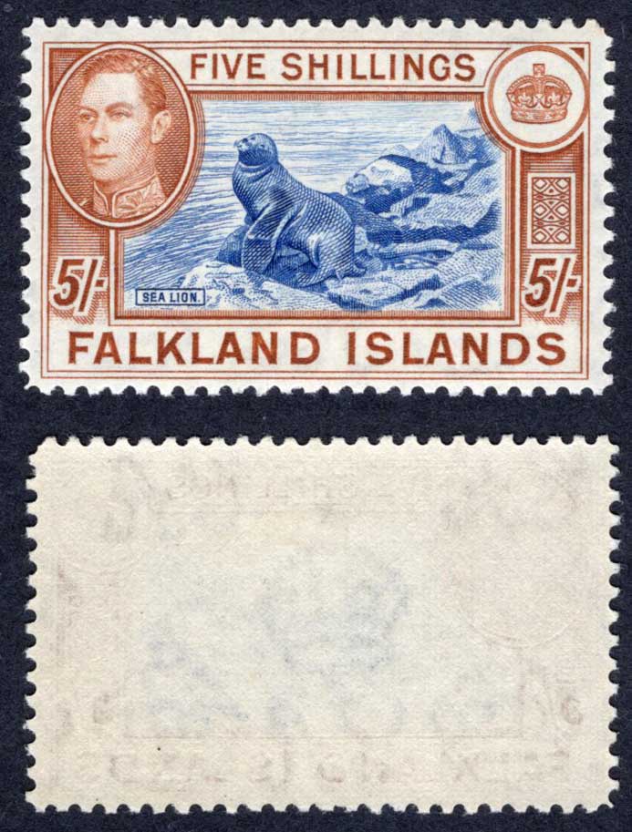 Falkland Is SG161c 5/- Dull Blue and Yellow brown M/M Cat 140 pounds