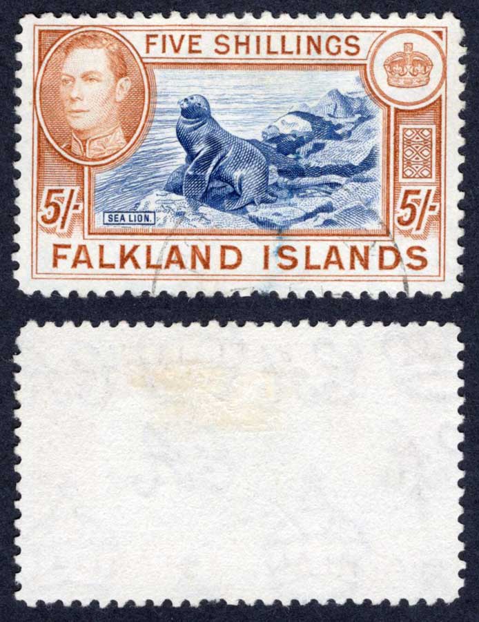 Falkland Is SG161b 5/- Indigo and Pale Yellow brown CDS Cat 90 pounds