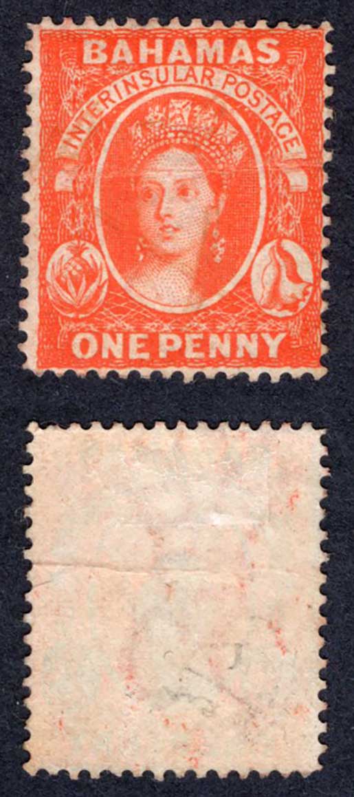 Bahamas SG33x 1d Scarlet Vermillion Wmk CC reversed Perf 14 M/M Cat 85 pounds