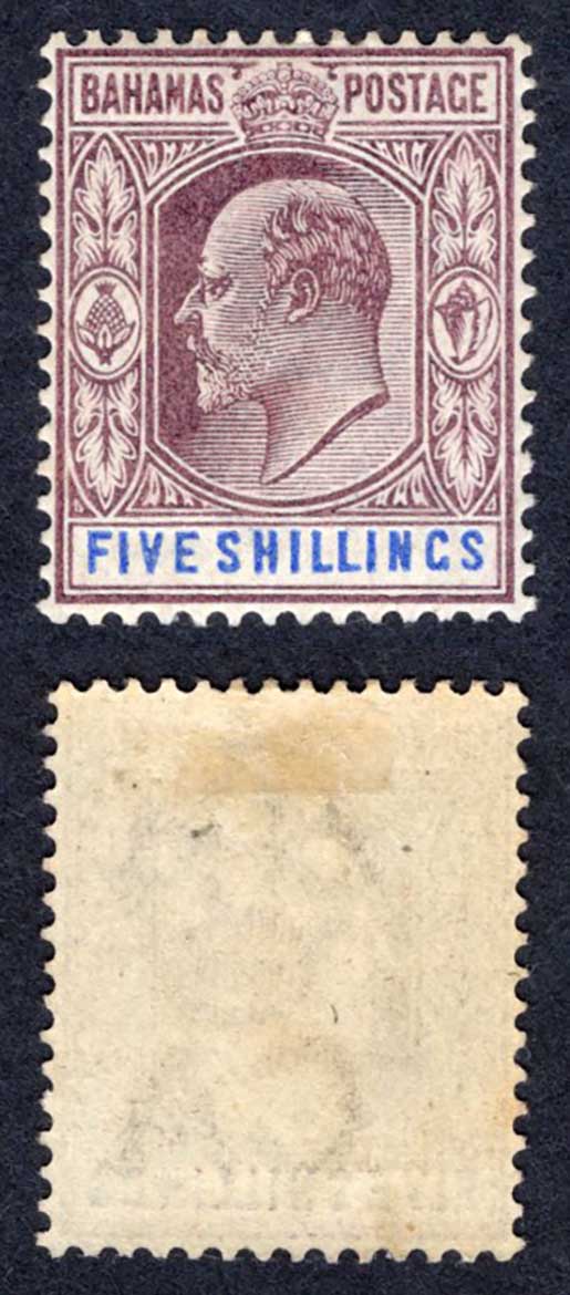 Bahamas SG69 5/- Dull Purple and Blue Wmk CA Cat 80 pounds