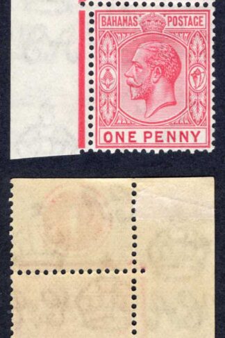 Bahamas SG116 1d Carmine Wmk Script U/M (mounted in margin) Plate example
