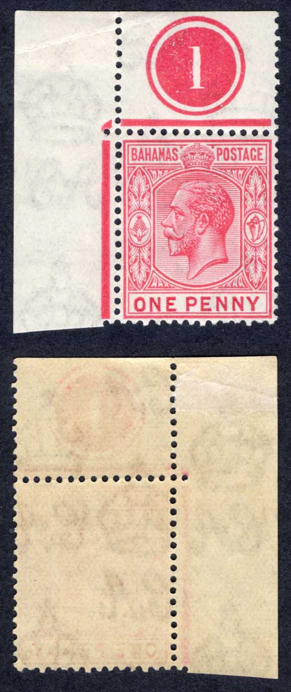 Bahamas SG116 1d Carmine Wmk Script U/M (mounted in margin) Plate example