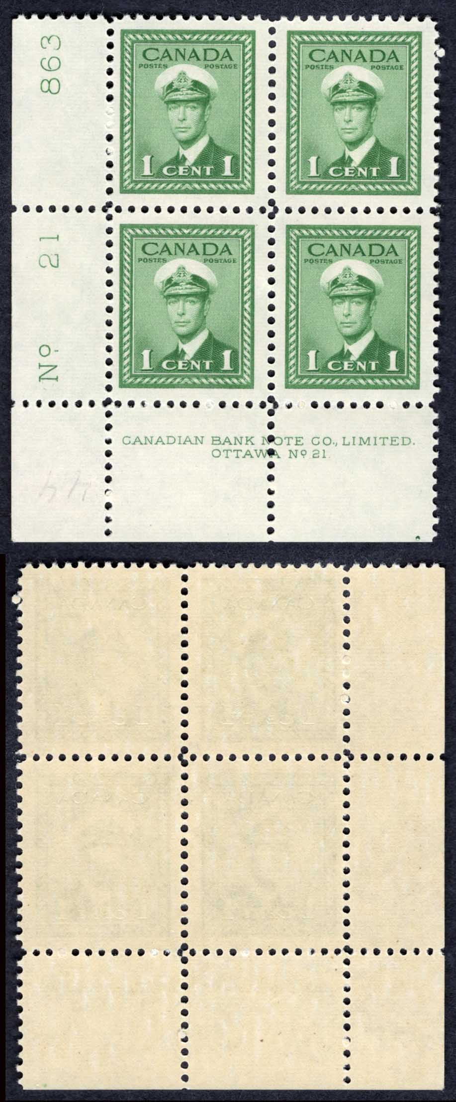Canada SG375 1c War Effort Plate 21 LL Block U/M (MNH)