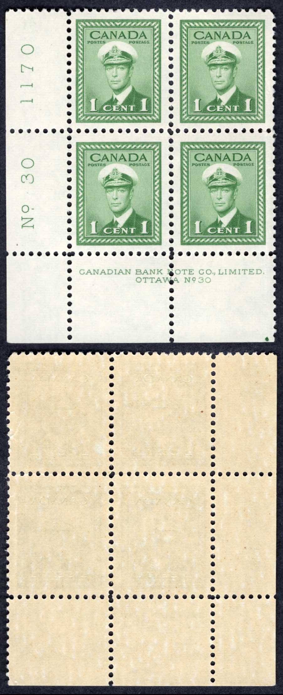 Canada SG375 1c War Effort Plate 30 LL Block U/M (MNH)