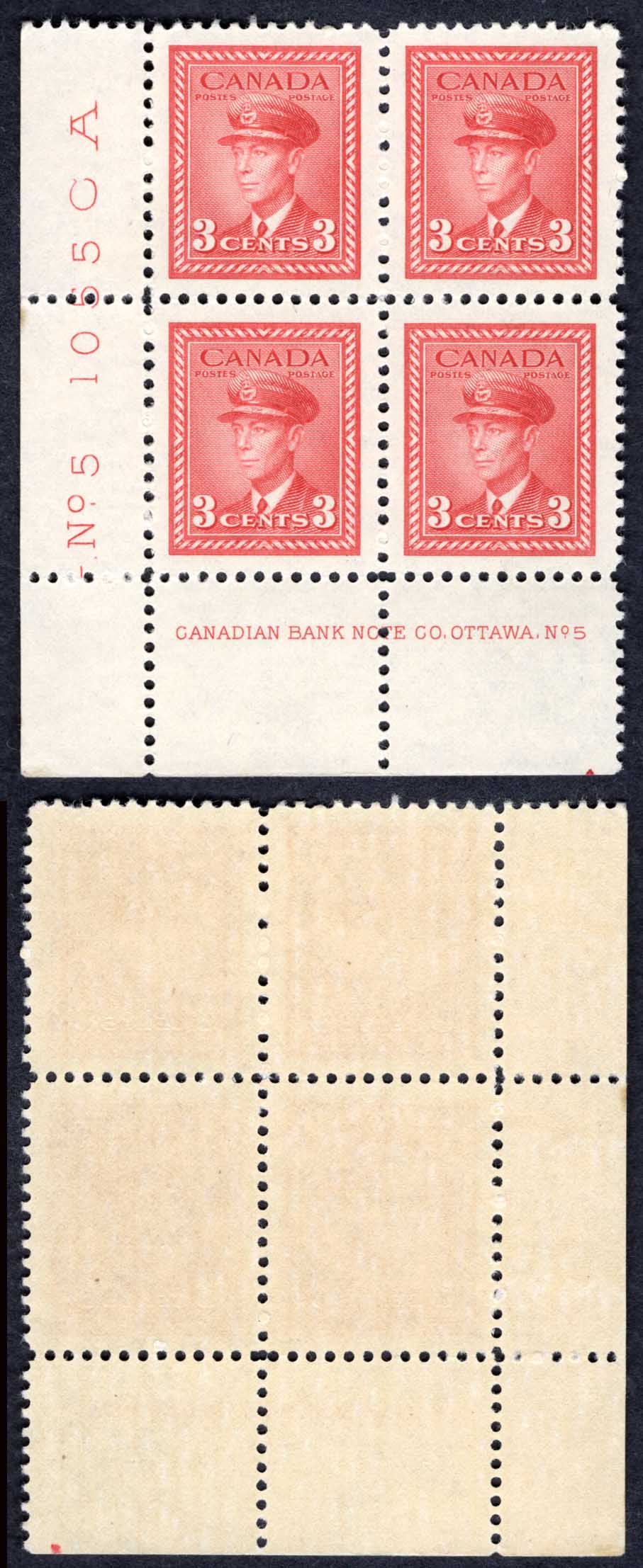 Canada SG376 3c Carmine-lake War Effort Plate 5 LL Block U/M (MNH)