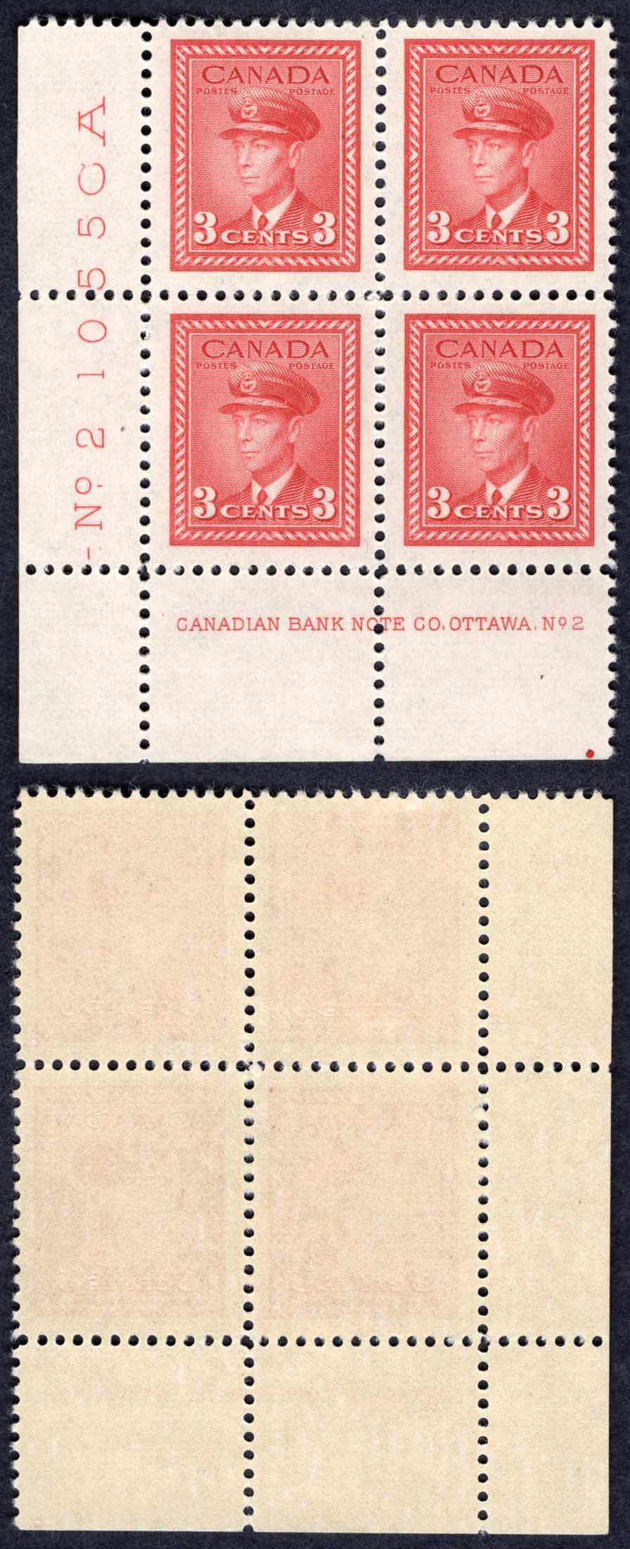 Canada SG376 3c Carmine-lake War Effort Plate 2 LL Block U/M (MNH)