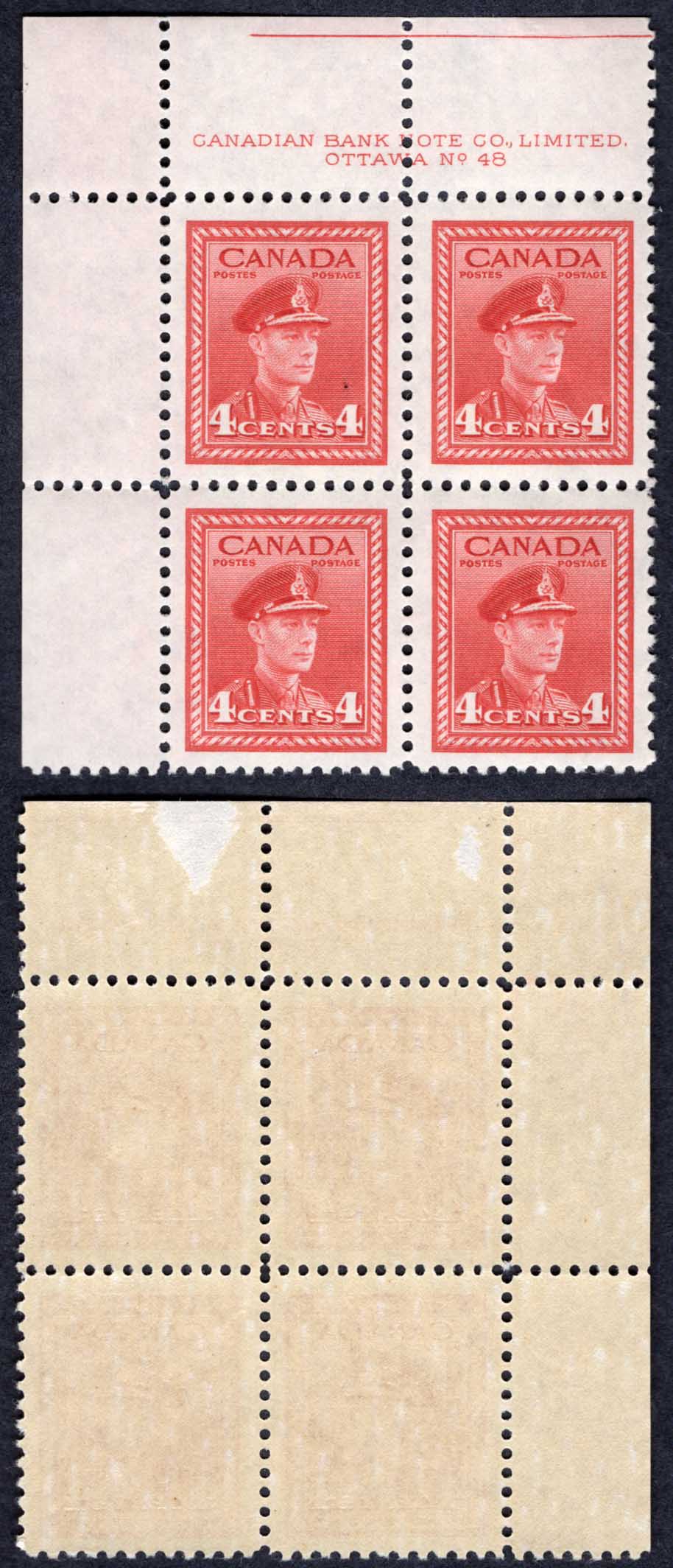 Canada SG380 4c Carmine-lake War Effort Plate 48 UL Block U/M (MNH)