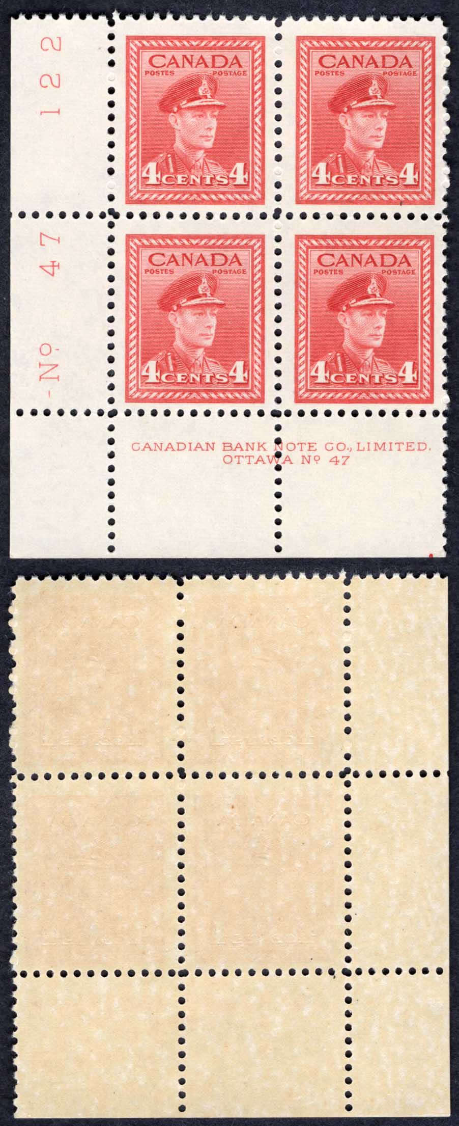 Canada SG380 4c Carmine-lake War Effort Plate 47 LL Block U/M (MNH)