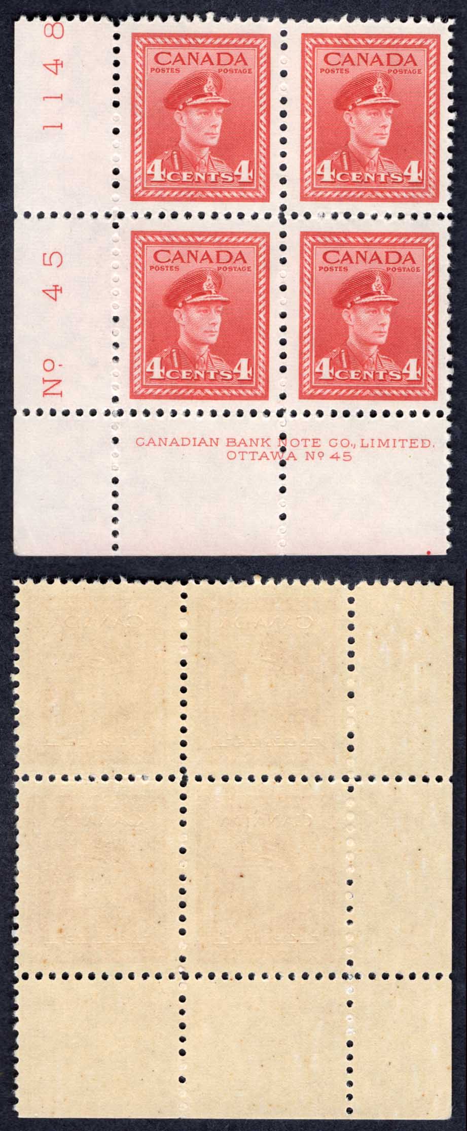 Canada SG380 4c Carmine-lake War Effort Plate 45 LL Block U/M (MNH)