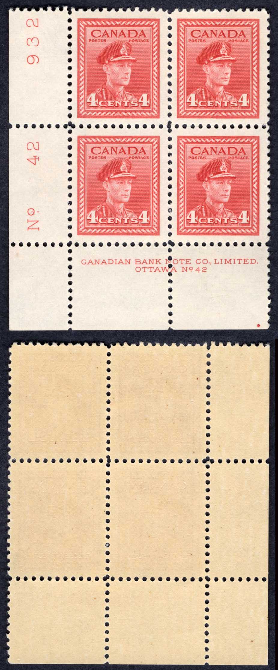 Canada SG380 4c Carmine-lake War Effort Plate 42 LL Block U/M (MNH)