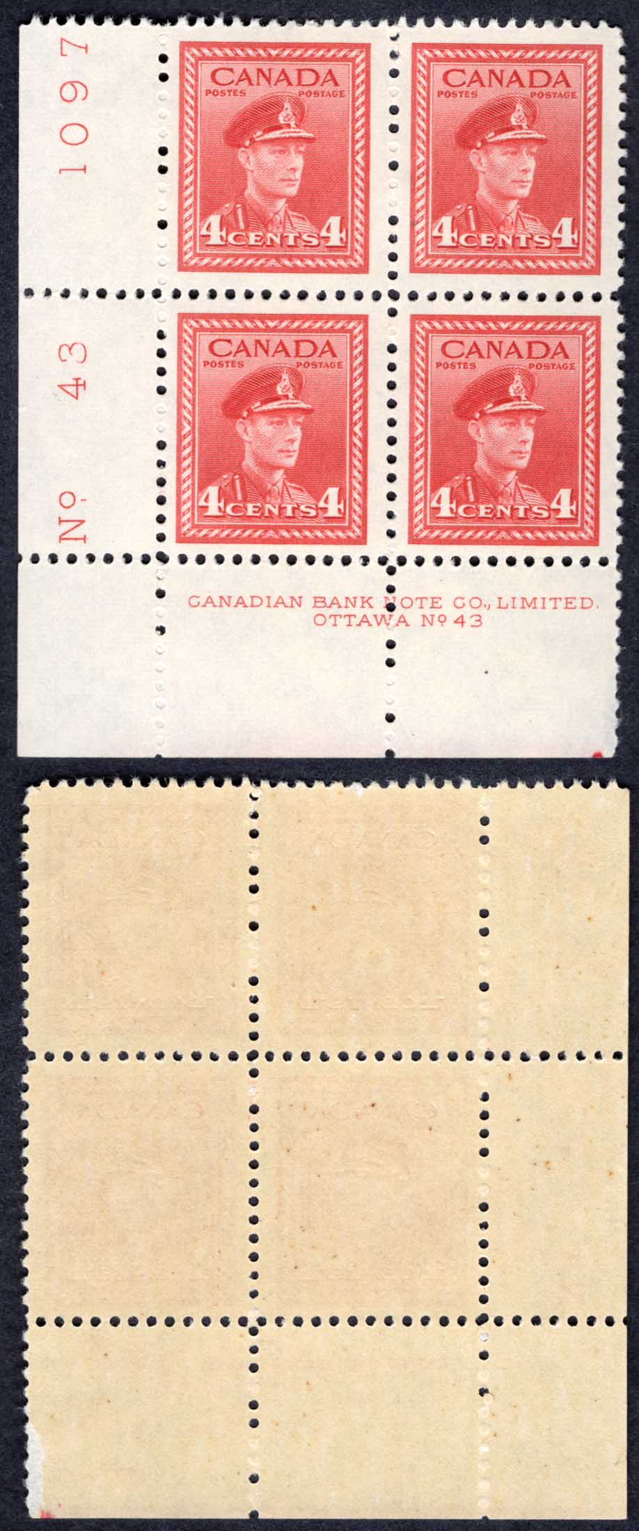 Canada SG380 4c Carmine-lake War Effort Plate 43 LL Block U/M (MNH)