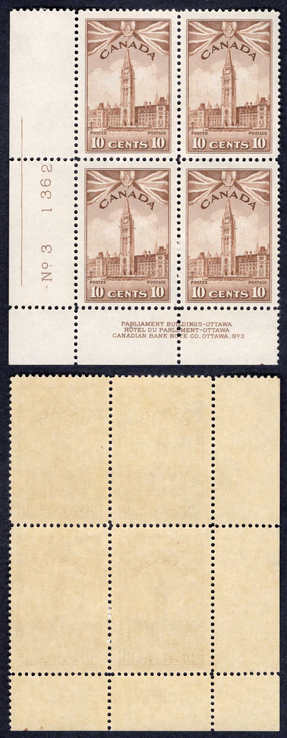 Canada SG383 10c Brown War Effort Plate 3 LL Block U/M (MNH) Cat 64+++