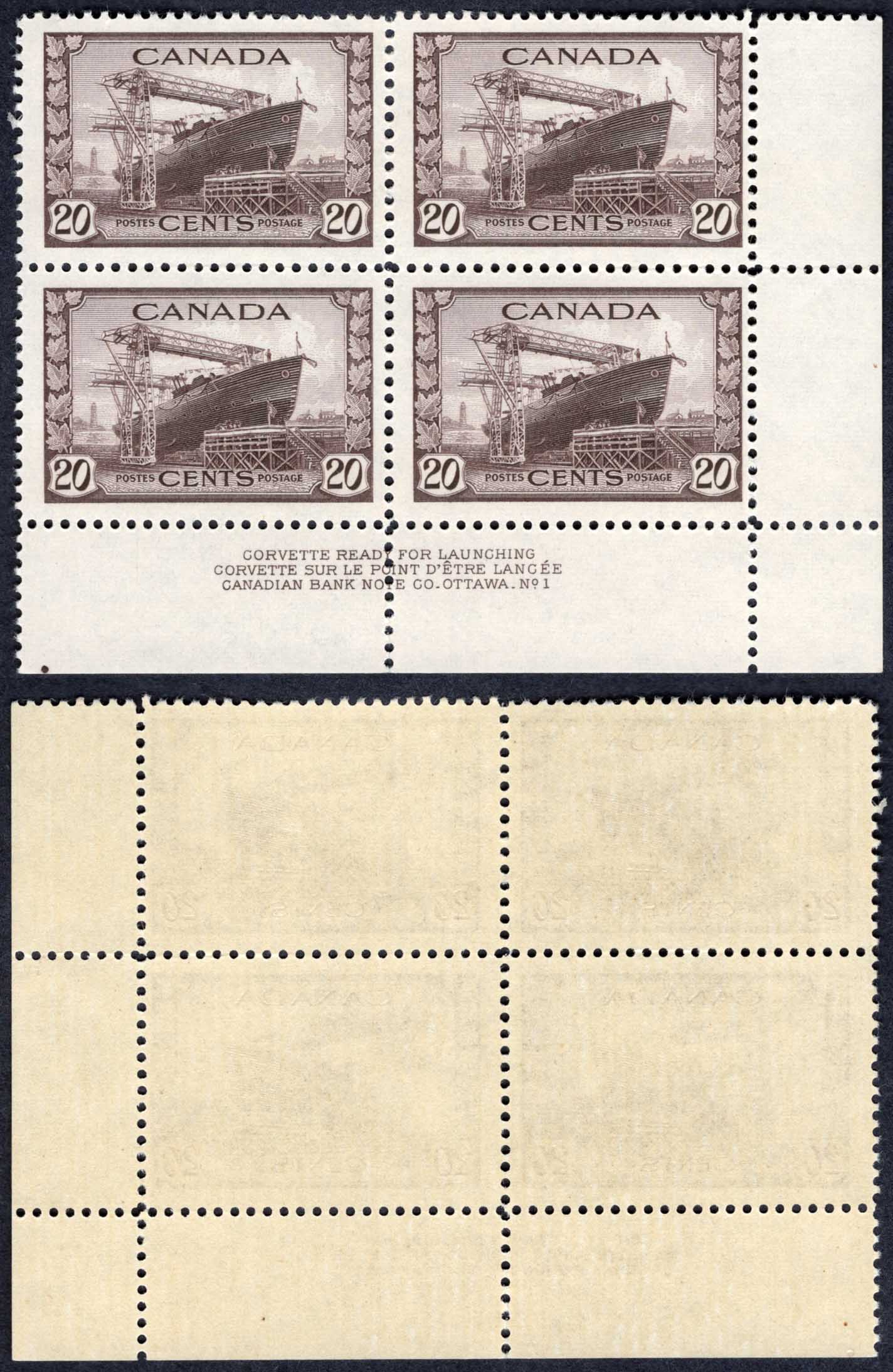 Canada SG386 20c War Effort Plate LR Block U/M (MNH) Cat 88+++