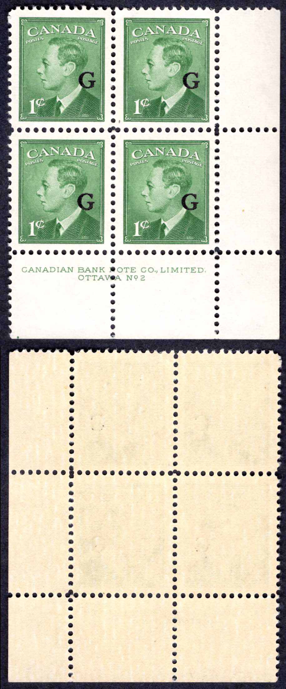 Canada SGO178 1c opt G Plate 2 LR Block U/M (MNH)