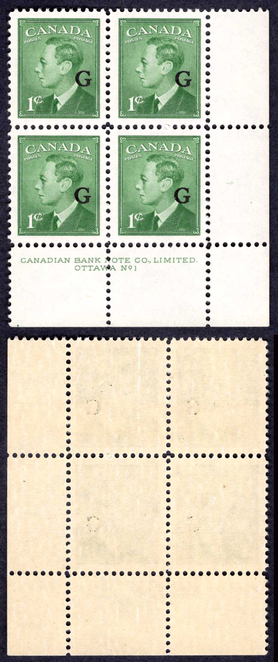 Canada SGO178 1c opt G Plate 1 LR Block U/M (MNH)