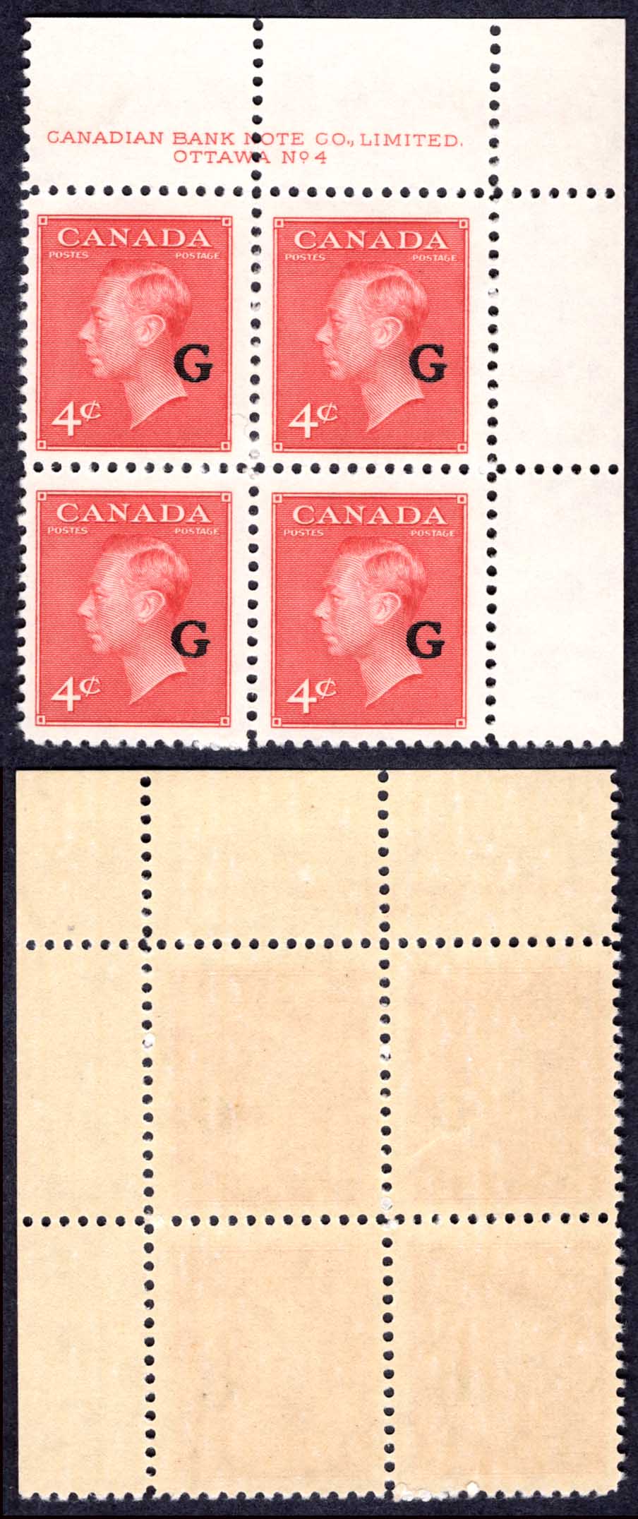 Canada SGO182 4c Carmine Lake opt G Plate 4 UR Block U/M (MNH) Cat 32+++ pounds