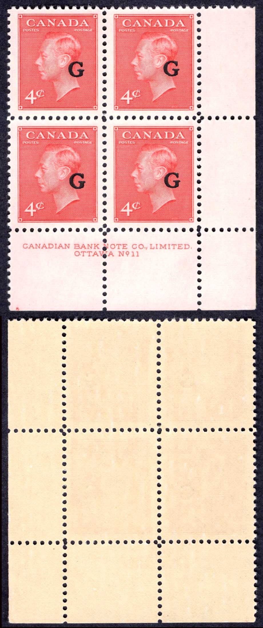 Canada SGO182 4c Carmine Lake opt G Plate 11 LR Block U/M (MNH) Cat 32+++ pounds