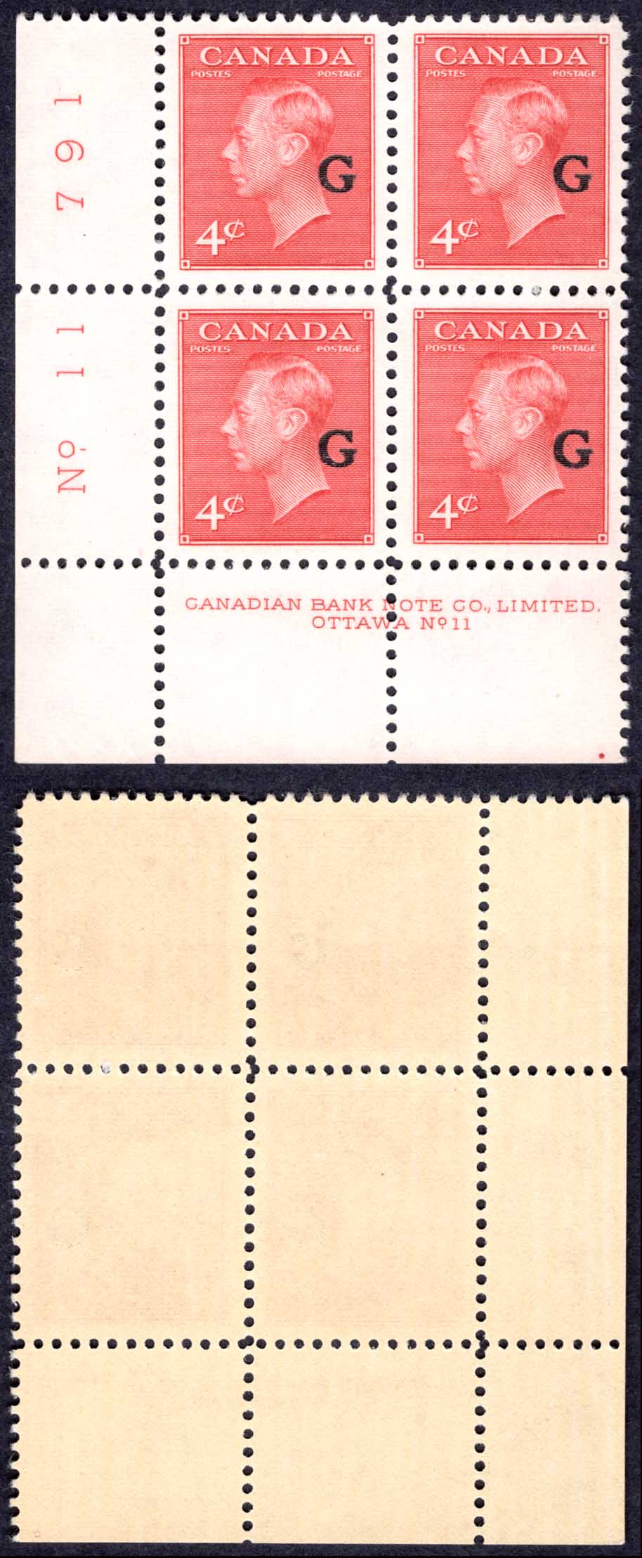 Canada SGO182 4c Carmine Lake opt G Plate 11 LL Block U/M (MNH) Cat 32+++ pounds