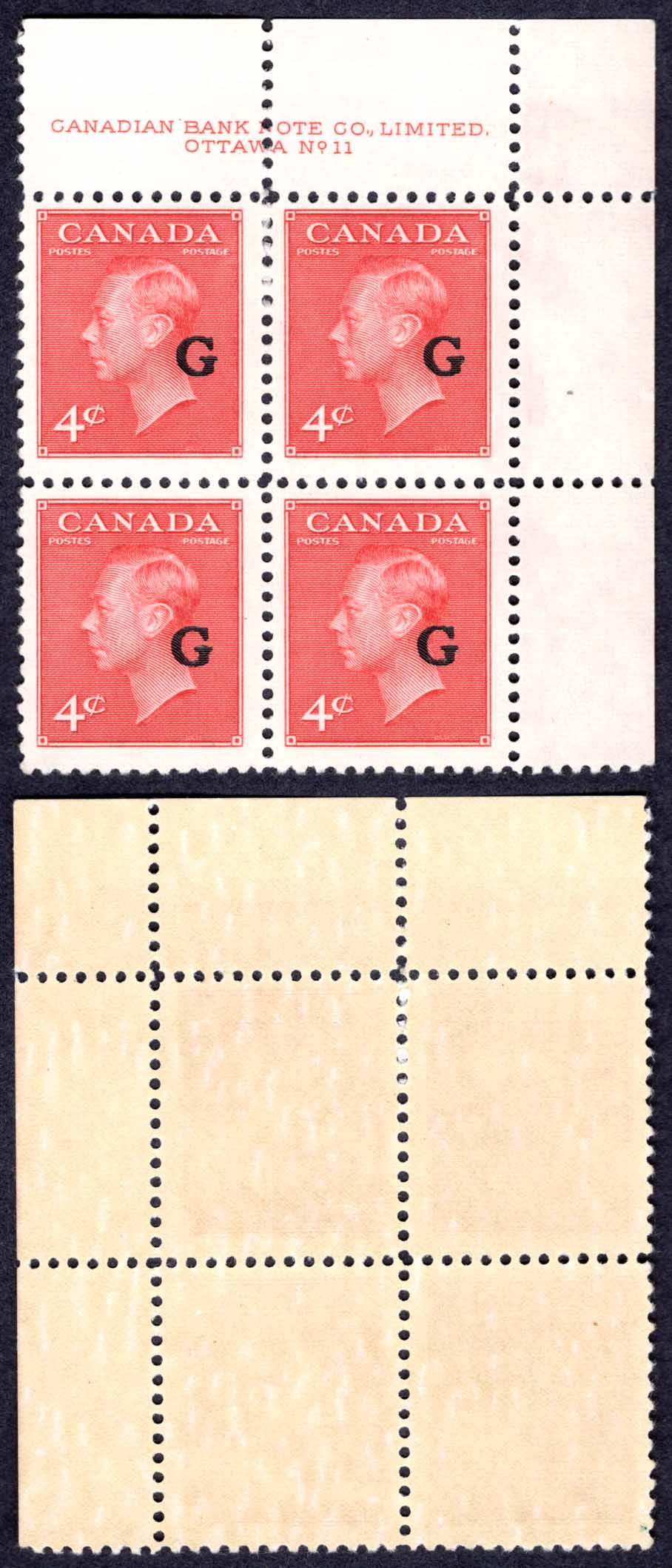 Canada SGO182 4c Carmine Lake opt G Plate 11 UR Block U/M (MNH) Cat 32+++ pounds