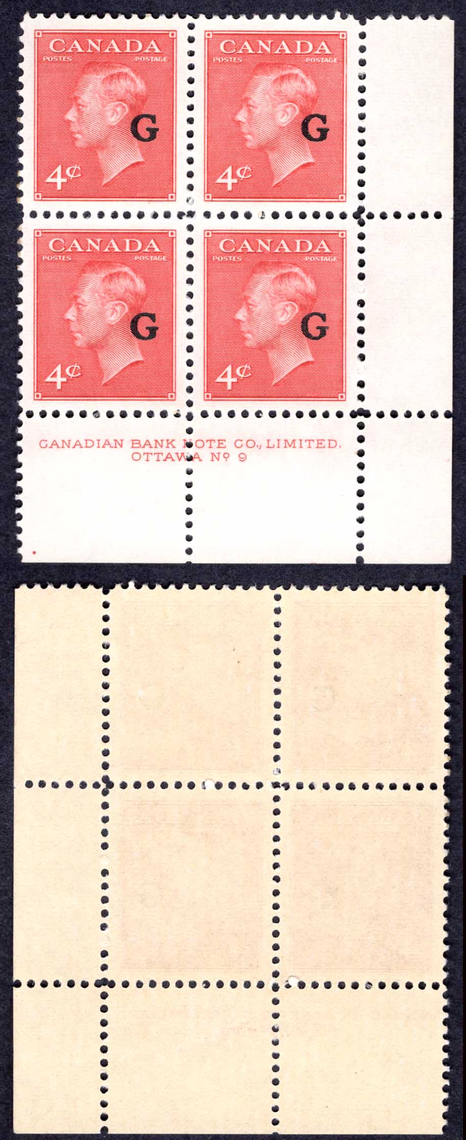 Canada SGO182 4c Carmine Lake opt G Plate 9 LR Block U/M (MNH) Cat 32+++ pounds