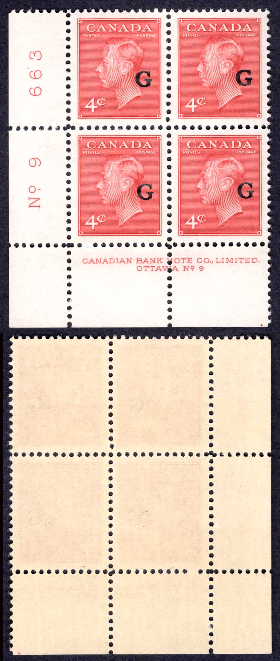 Canada SGO182 4c Carmine Lake opt G Plate 9 LL Block U/M (MNH) Cat 32+++ pounds