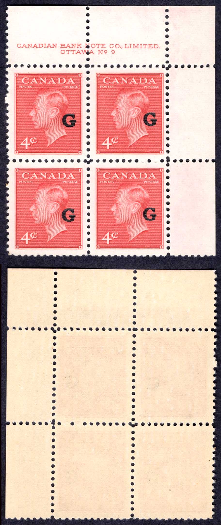 Canada SGO182 4c Carmine Lake opt G Plate 9 UR Block U/M (MNH) Cat 32+++ pounds