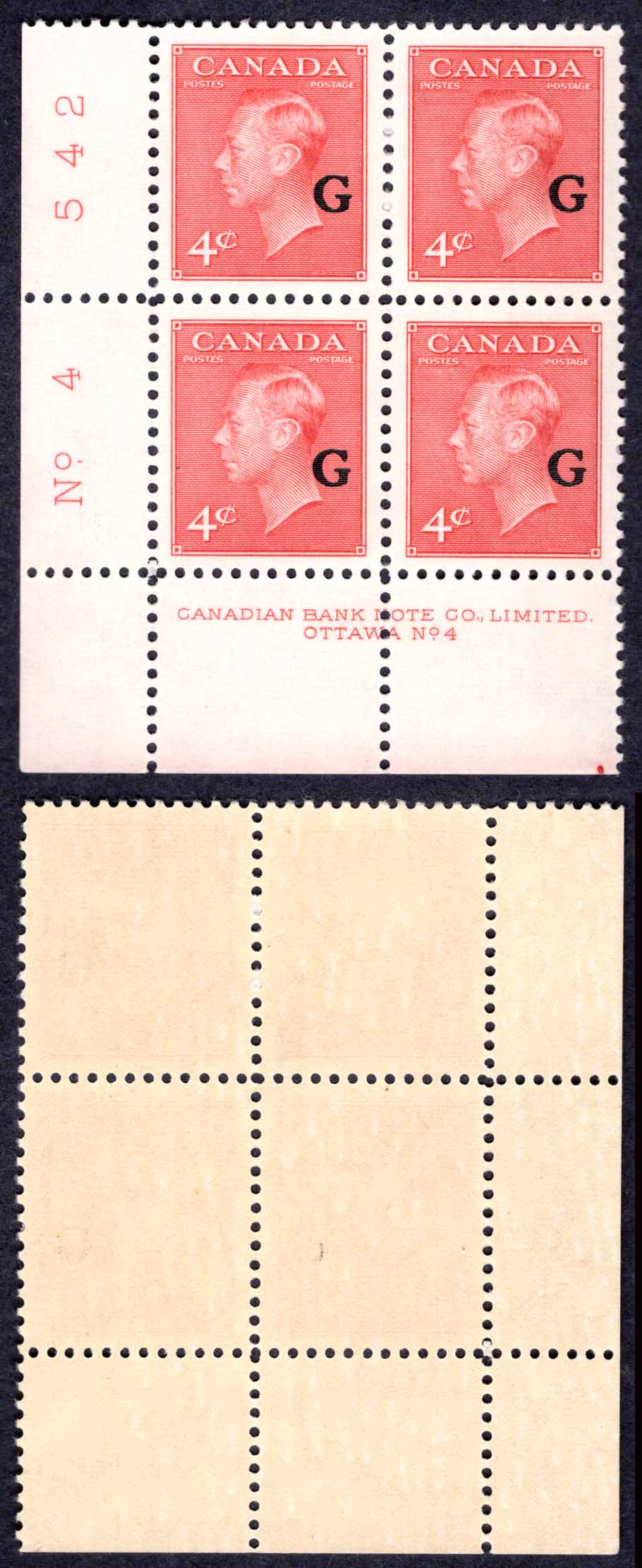 Canada SGO182 4c Carmine Lake opt G Plate 4 LL Block U/M (MNH)