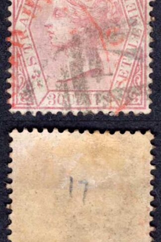 Straits Settlements SG17 30c Claret Wmk CC Cat 20 pounds