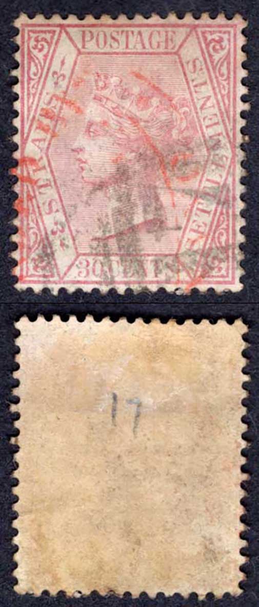 Straits Settlements SG17 30c Claret Wmk CC Cat 20 pounds