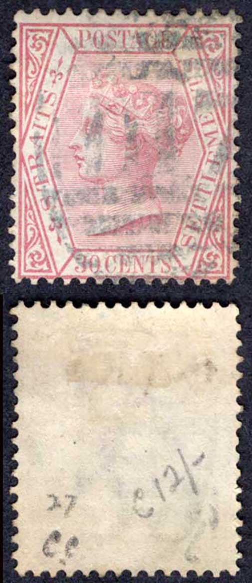 Straits Settlements SG17 30c Claret Wmk CC Cat 20 pounds