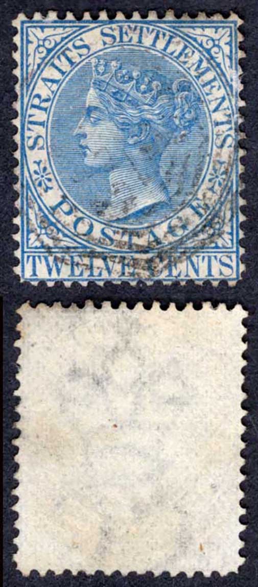 Straits Settlements SG15 12c Blue Wmk CC Cat 10 pounds