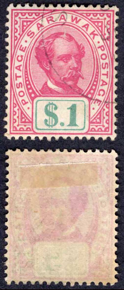 Sarawak SG47 One Dollar Rose-carmine and Green Used (Fault above head) Cat 140