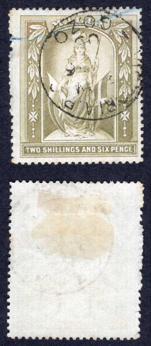 Malta SG34 2/6 Olive-grey Wmk CC used Cat 20 pounds