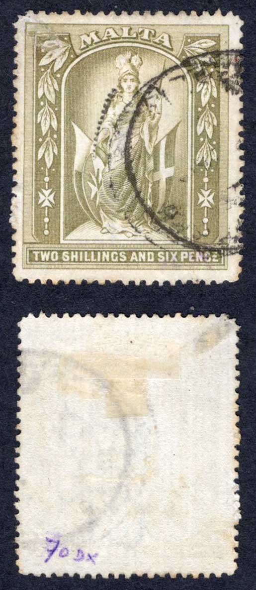 Malta SG34 2/6 Olive-grey Wmk CC used Cat 20 pounds