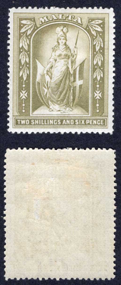 Malta SG34 2/6 Olive-grey Wmk CC M/M Cat 50 pounds