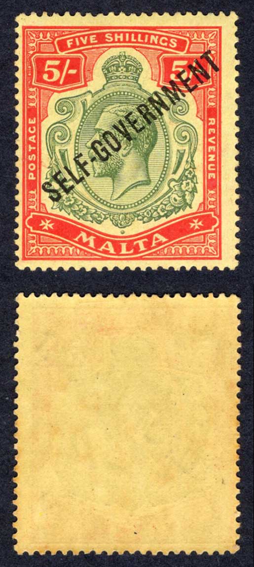 Malta SG113 5/- Wmk Mult Crown CA M/M (creased) Cat 60 pounds
