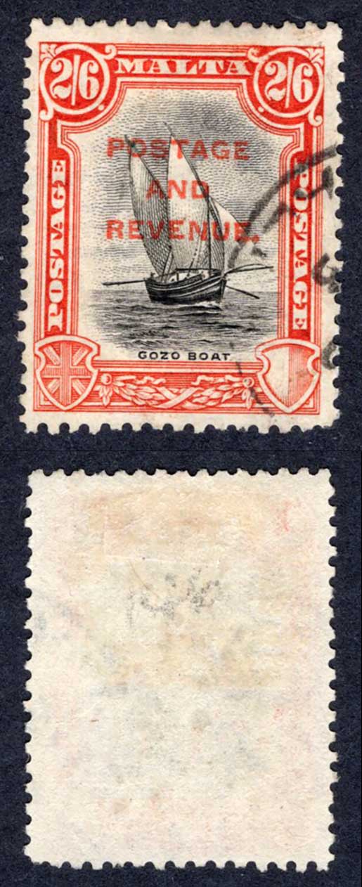 Malta SG189 2/6 opt Postage and Revenue fine used Cat 21 pounds