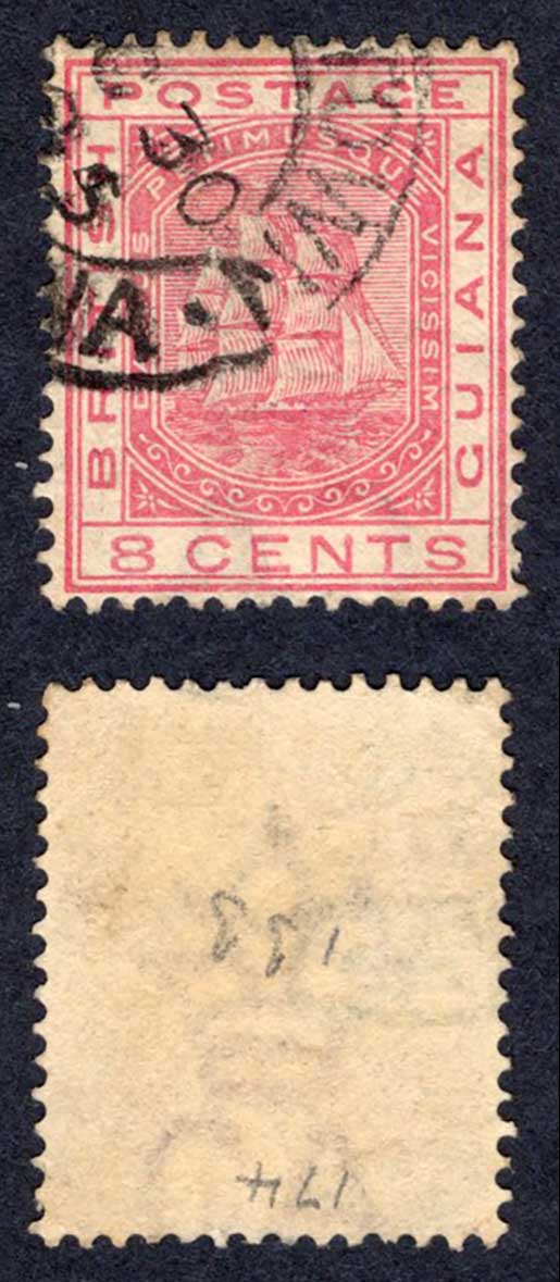 British Guiana SG174x 8c Rose Wmk CA REVERSED used Cat 300 pounds