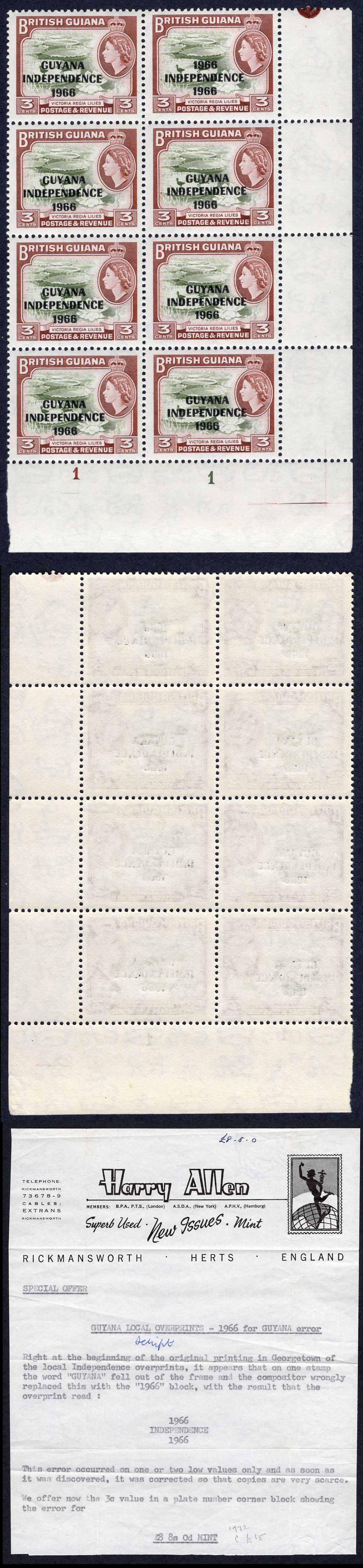 Guyana SG431a 3c ERROR 1966 instead of Guyana U/M Cat 18++++ pounds