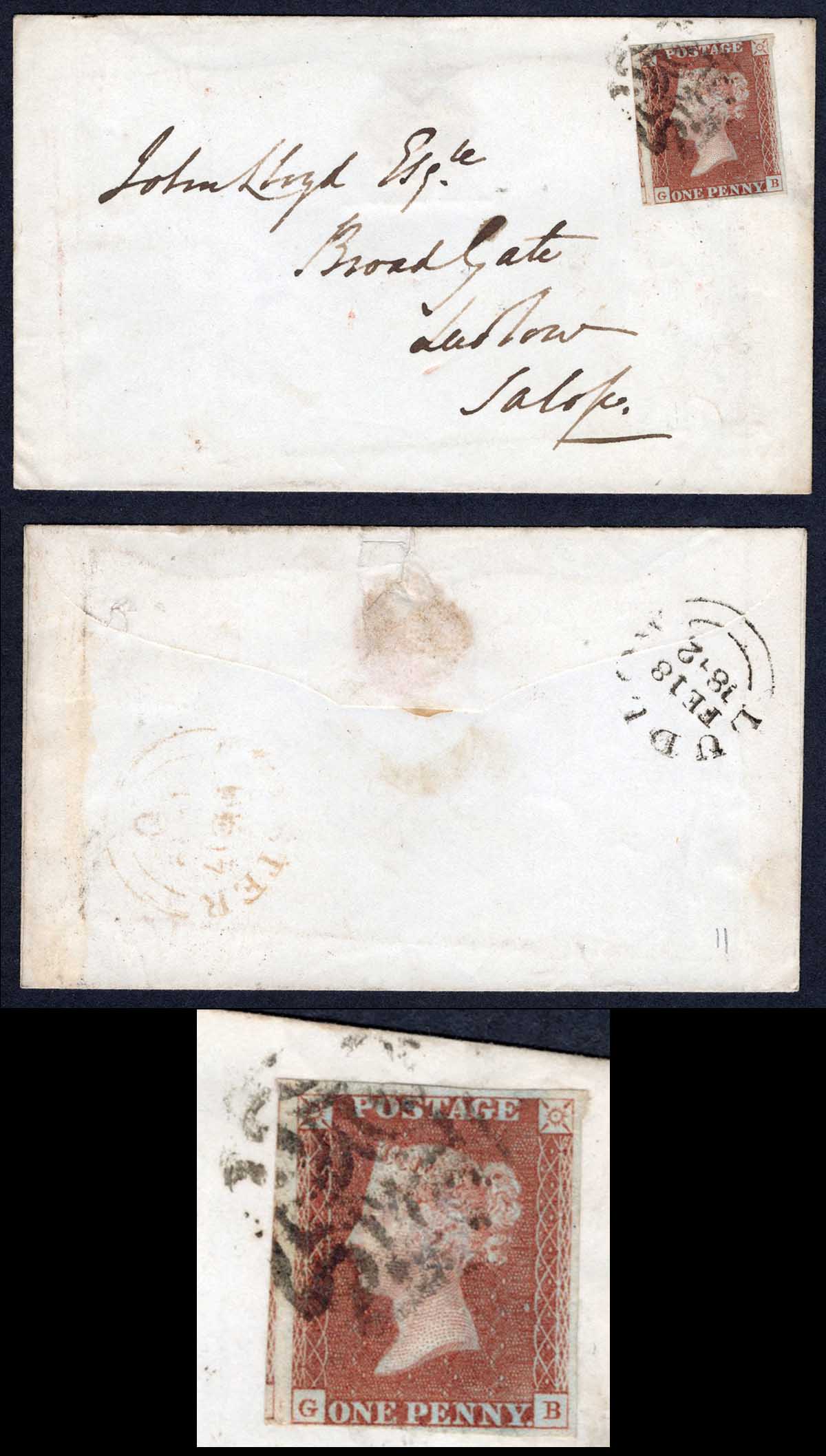 1841 Penny Red (GB) plate XI on cover (central fault) Cat 350 pounds