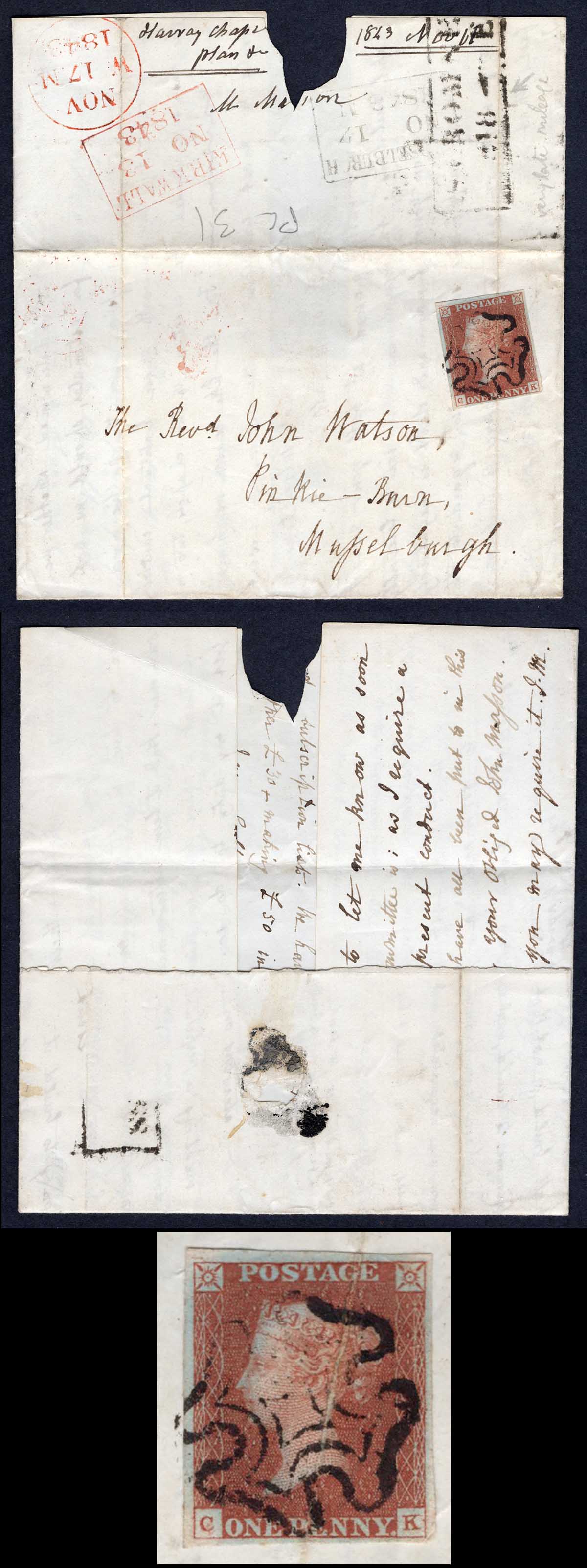 1841 Penny Red (CK) 4 margin Creased 1843 Cover from Kirkwall