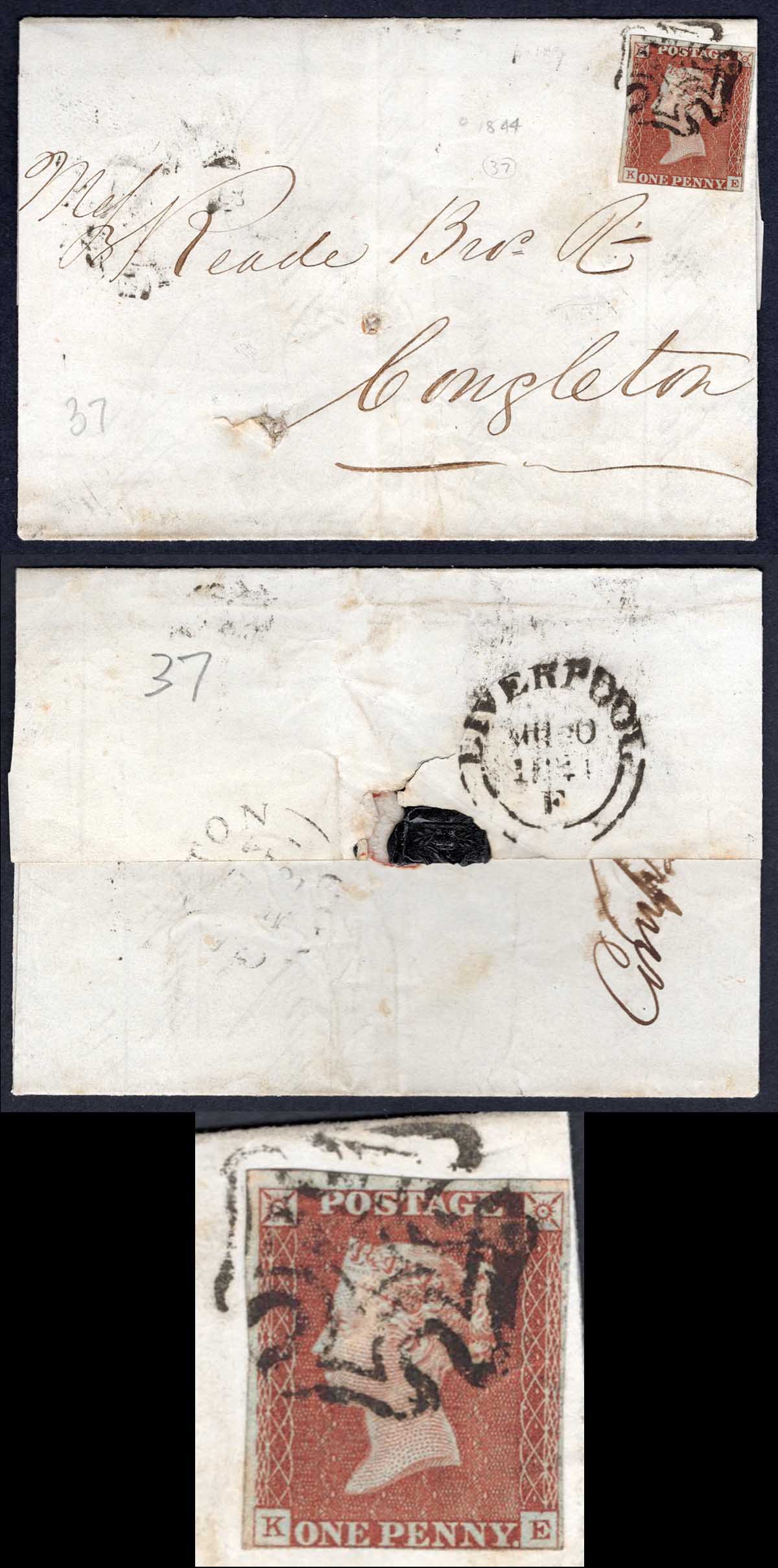 1841 Penny Red (KE) Plate 37 3 margin with Maltese Cross on cover