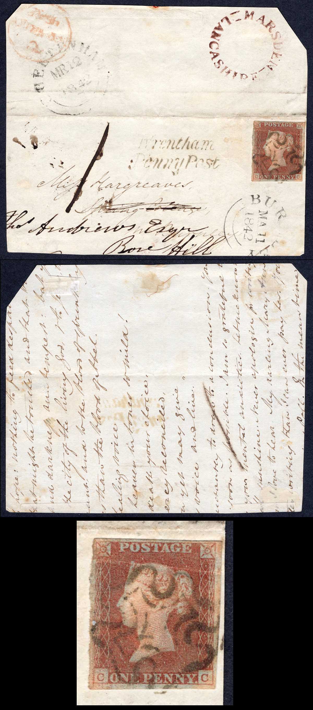 1841 Penny Red (CC) on large piece with Marsden UDC