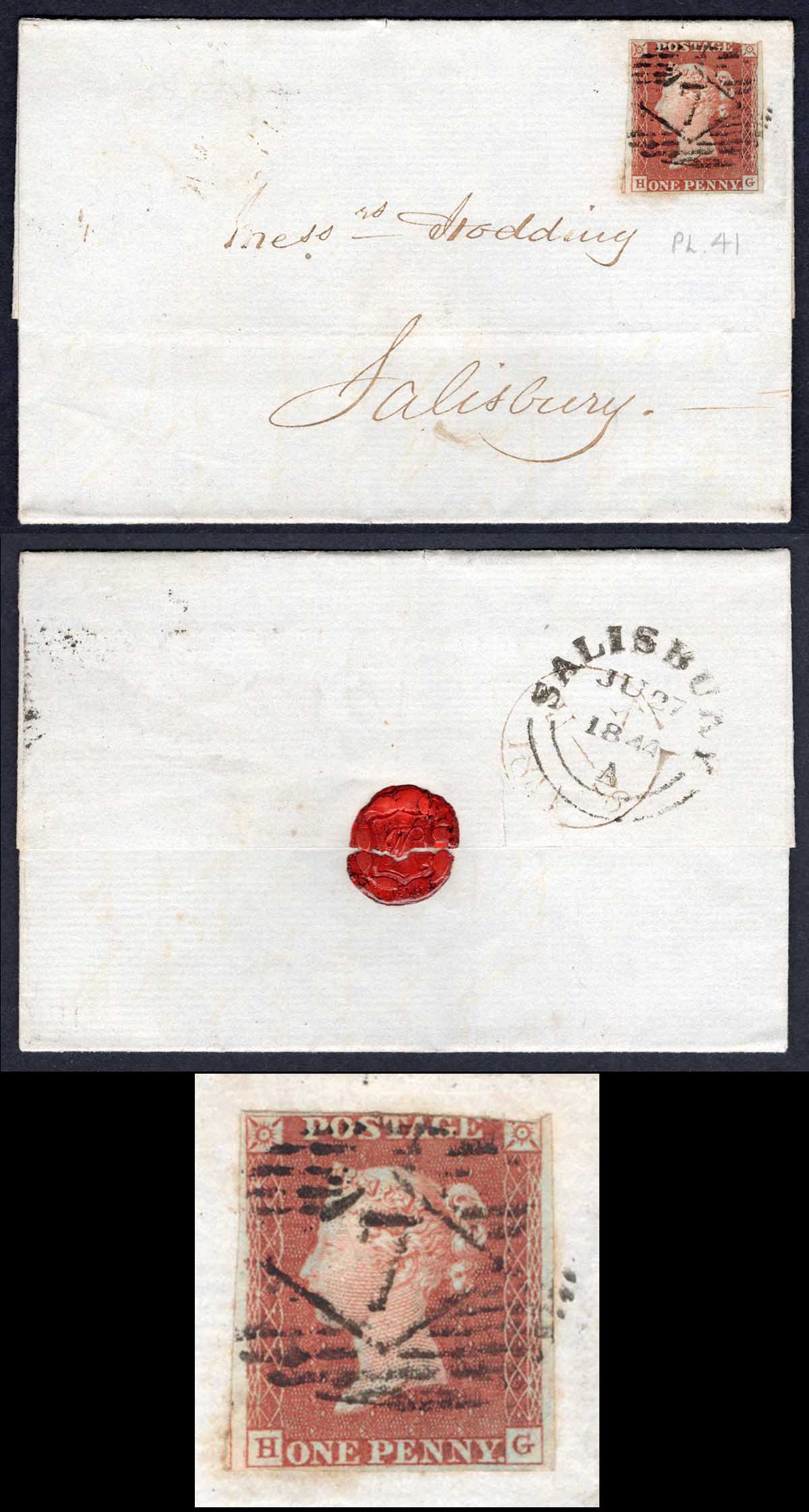 1841 Penny Red (HG) three margins on Cover